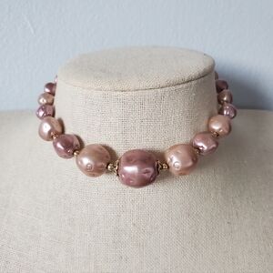 Vintage Pink Patterned Baroque Faux Pearl Choker Necklace